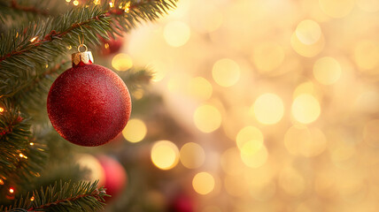 Shiny red christmas ball hanging on christmas tree close up, bokeh lights in background, copy space on right.