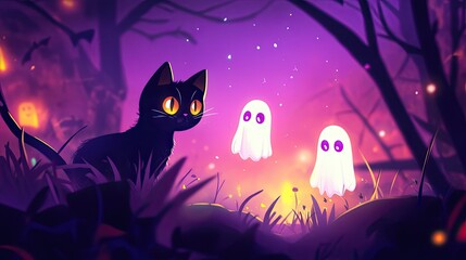 In a magical twilight forest, a curious black cat gazes at two playful ghosts. The vibrant colors and glowing orbs create a whimsical atmosphere filled with mystery and enchanting allure