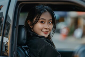 A beautiful girl driving a car, radiating confidence and style, against the background of a city street or a picturesque landscape