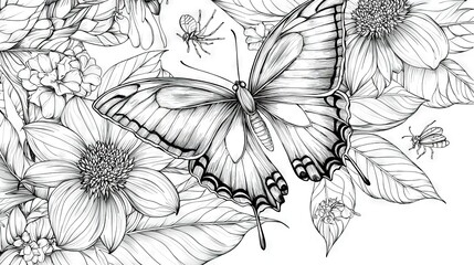 Poster -  A monochromatic depiction of a butterfly perched atop and below a floral centerpiece