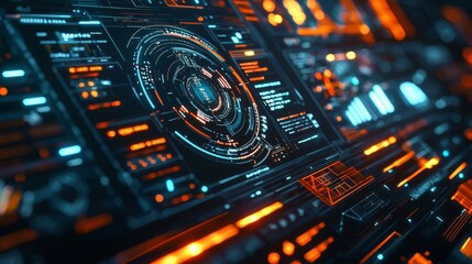 A futuristic data display with glowing blue and orange lines.