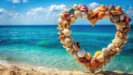 Heart-shaped shell decoration on beach with blue sea in background