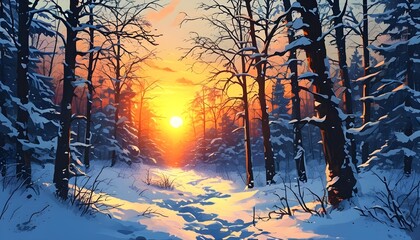 Wall Mural - Serene winter forest enveloped in snow under a breathtaking sunset