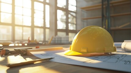 Yellow hard hat resting on architectural blueprints in a sunlit workshop, tools scattered around, scene of planning