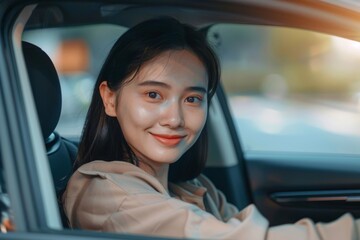 A beautiful girl driving a car, radiating confidence and style, against the background of a city street or a picturesque landscape