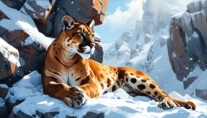 Wall Mural - Regal mountain lion lounging gracefully among serene snowy rocks in an artistic digital landscape