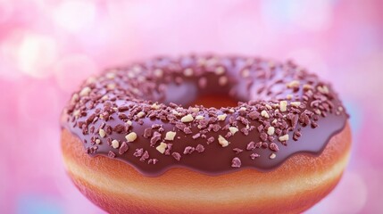 A single donut in focus with chocolate glaze and crushed nuts, isolated against a blurred colorful background.