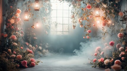 Canvas Print - Enchanted Floral Scene with Lanterns and Mist