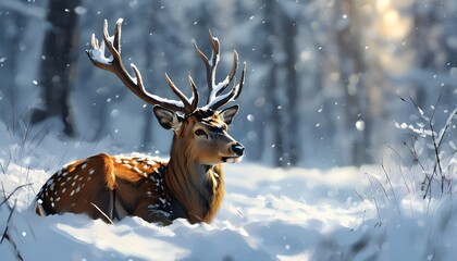 Majestic deer in serene winter forest, illuminated by soft rays of light amidst gentle snowfall