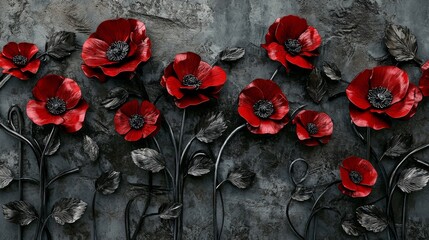 Sticker - A delicate stucco arrangement is adorned with the delicate petals of poppy flowers.