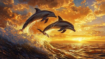   A stunning painting of two dolphins leaping from the water, surrounded by an orange and blue sky, with the setting sun behind them