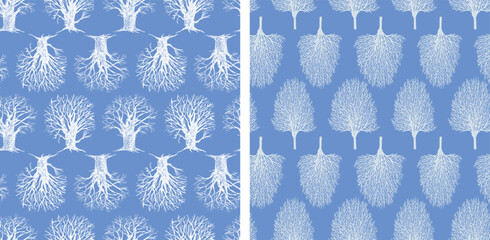 Wall Mural - Seamless patterns of silhouettes drawn white frozen deciduous trees in cold winter forest, blue background, wallpaper, paper