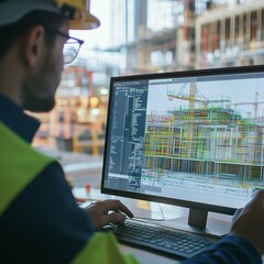 Engineer using CAD software on a computer to design a construction project at a modern building site
