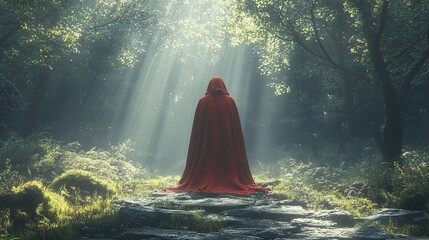 Poster - Mystical Forest Path: A Hooded Figure Stands in the Sunlight