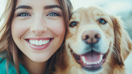 Canvas Print - A young woman and her dog smile brightly at the camera.