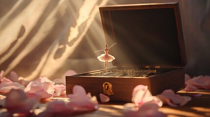 Sticker -   A wooden box holds a small figurine, placed on a table beside pink petals falling from above and strewn below