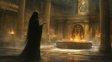 A priestess leading a mystical ritual in an ancient temple, calling upon the forces of the elements.