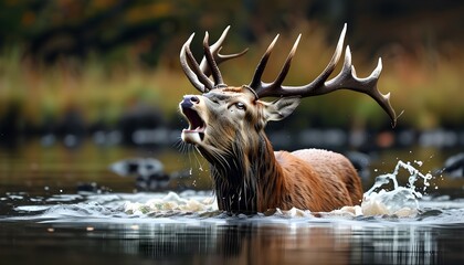 Wall Mural - Majestic red deer stag bellowing in serene waters