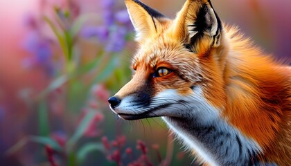 Wall Mural - Vibrant summer close-up of a red fox amidst a kaleidoscope of colors