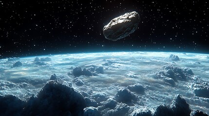 Wall Mural - A large asteroid hurtles towards a planet, with a thick atmosphere and clouds.