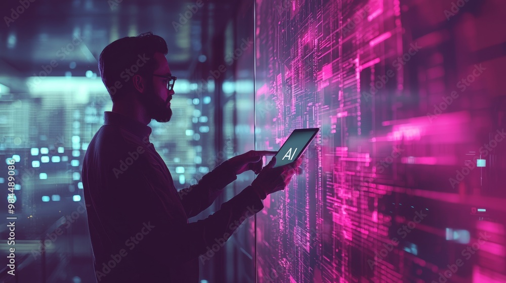 Over a tablet, a businessman in a dark suit interacts with a floating ...