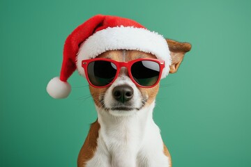 A dog wearing a red hat and sunglasses. The dog is looking at the camera. The image has a festive and playful mood