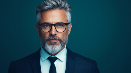 Canvas Print - Portrait of a middle-aged man with a beard, wearing a suit and glasses.