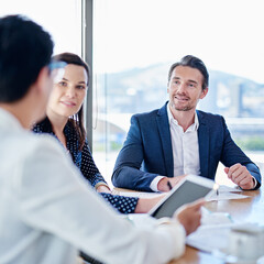 Aufkleber - People, tablet and meeting with paperwork, office and explaining to lobbyist, collaboration or planning. Business, talking and employees with documents, woman and man in boardroom or idea for project