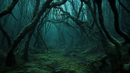 A dark, fairytale forest with dry, crooked trees is enhanced by generative AI.