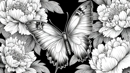 Poster -   B&W image of a butterfly among peonies on a black backdrop