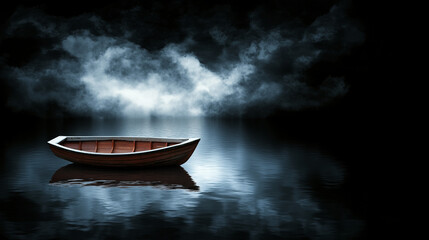 boat floating on misty waters at night, ethereal and symbolic of crossing into the afterlife