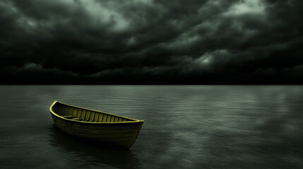 Wall Mural - Empty boat floating on a still dark lake under stormy clouds, eerie departure
