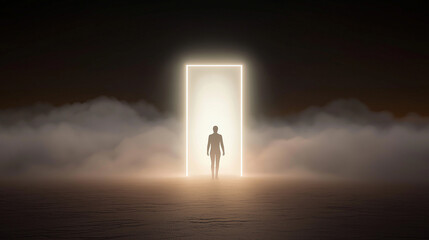 Wall Mural - Figure in bright white doorway surrounded by clouds, representing passage to afterlife