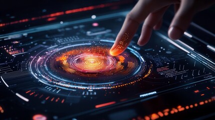 A blue digital interface with circles and lines is touched by the hand.