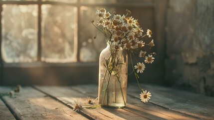 Poster -   Daisies sit atop wooden table, bathed in sunlight streaming from window