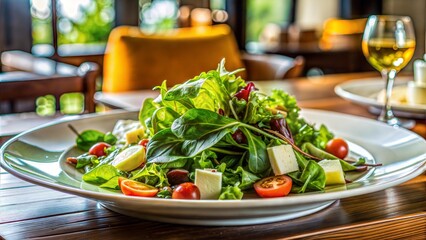 A fresh salad with greens, tomatoes, and cheese on a large plate in a stylish restaurant
