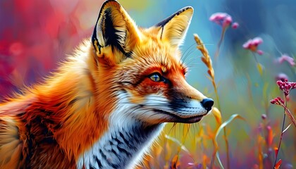 Wall Mural - Vibrant summer close-up of a red fox amidst a kaleidoscope of colors