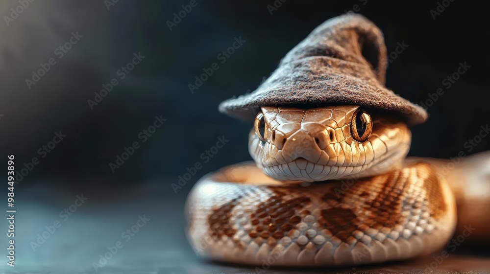 Snake in wizard costume, coiling as it casts a poisonous spell, animal wizard, snake casting spell with venomous magical power
