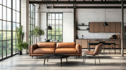 Featuring an industrial loft style office with a white brick wall, polished concrete floor, and black steel structure. Furniture is in dark brown and black leather with highlights of white.