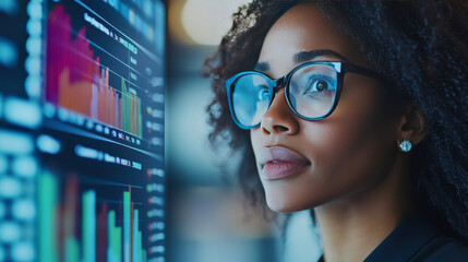 Poster - Focused woman in glasses looking at financial charts on screen.