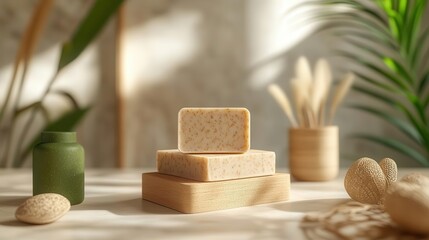 A serene arrangement of natural soap bars on a wooden tray, surrounded by greenery and decorative elements for a calming aesthetic.