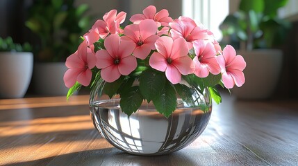 Sticker - A delicate bouquet of pink flowers in a clear glass vase, resting on a wooden surface, bathed in warm sunlight