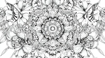 Canvas Print -   A monochrome illustration featuring a floral arrangement with a butterfly perched above and another below