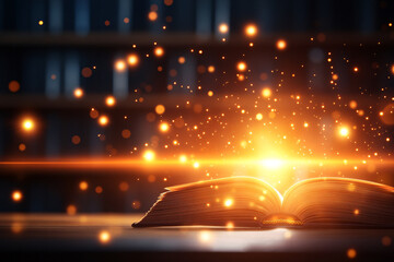 Wall Mural - a book is open to a page with a bright yellow light shining on it. the light is creating a glowing e