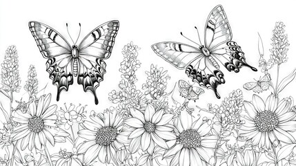 Sticker -   Drawing two butterflies flying over a field of daisies with daisies in the foreground