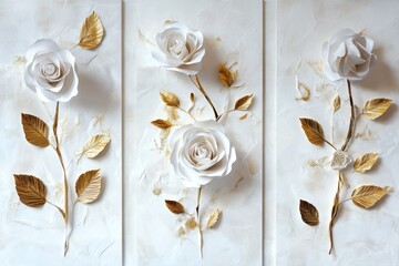 With gold leaf accents, a three-panel painting of a flower