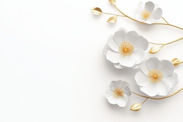 Wall Mural - On a white background, three white flowers are painted