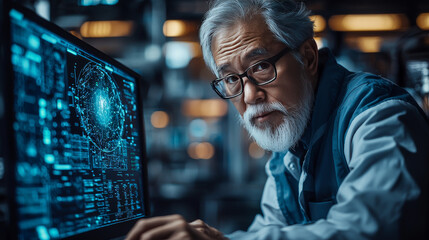 Senior Asian man in glasses working on a computer with a data screen.