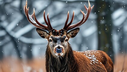 Wall Mural - Majestic red deer stag with heart-shaped antlers amidst a winter wonderland