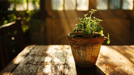 Poster -   A potted plant sits atop a wooden table beside a chair, basking in the sunlight